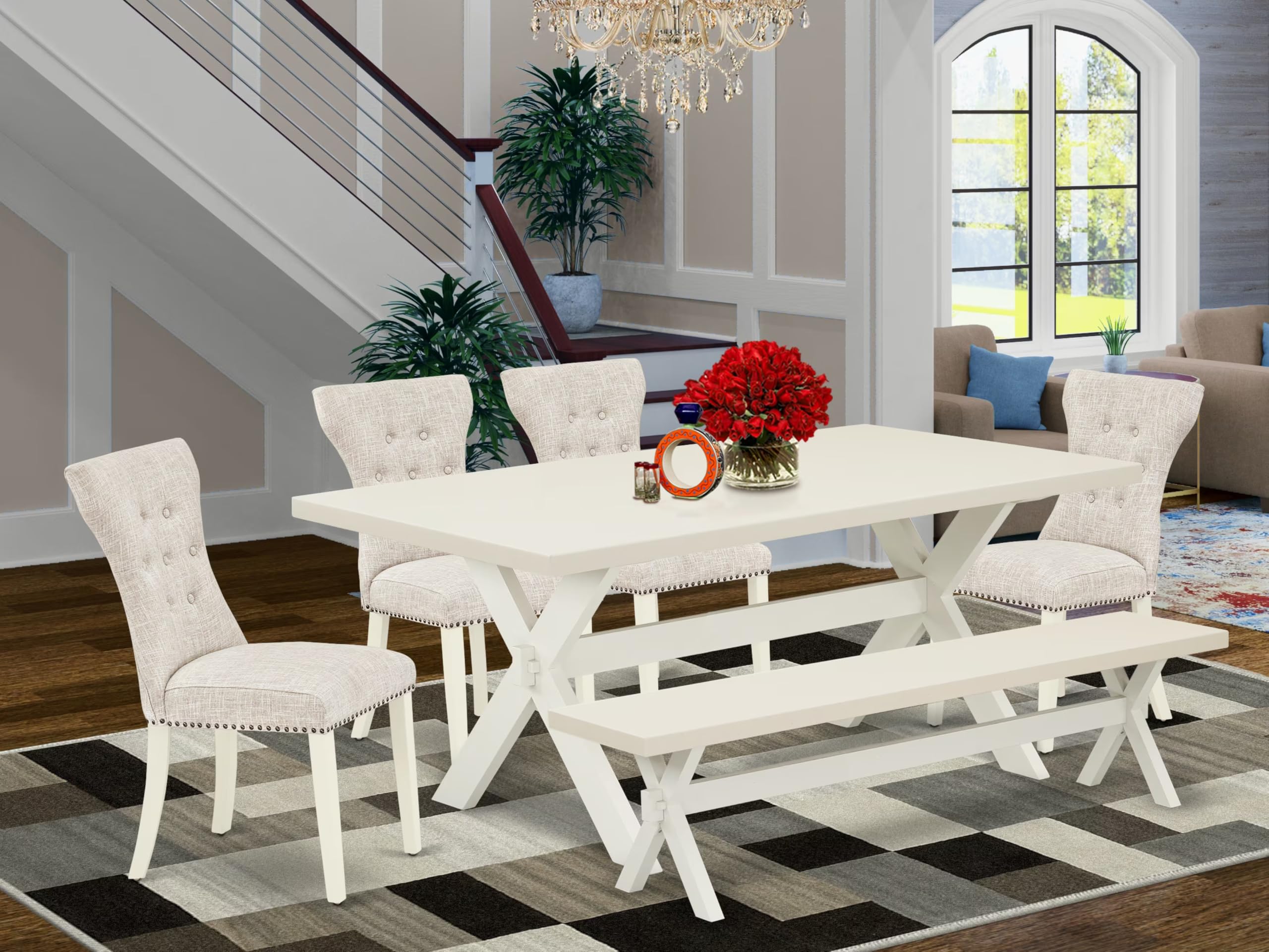 East West Furniture X027Ga235-6 6 Piece Dining Table Set Contains A Rectangle Dining Room Table With X-Legs And 4 Doeskin Linen Fabric Parson Chairs With A Bench, 40X72 Inch, Multi-Color